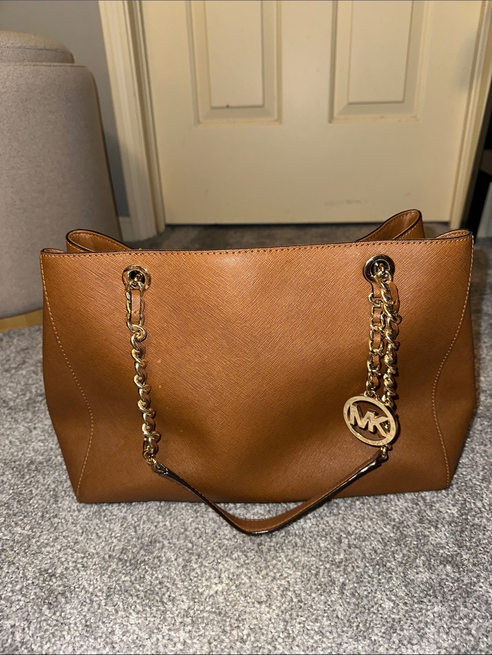 Michael Kors Cognac Saffiano Leather Shoulder Tote with Gold Chain